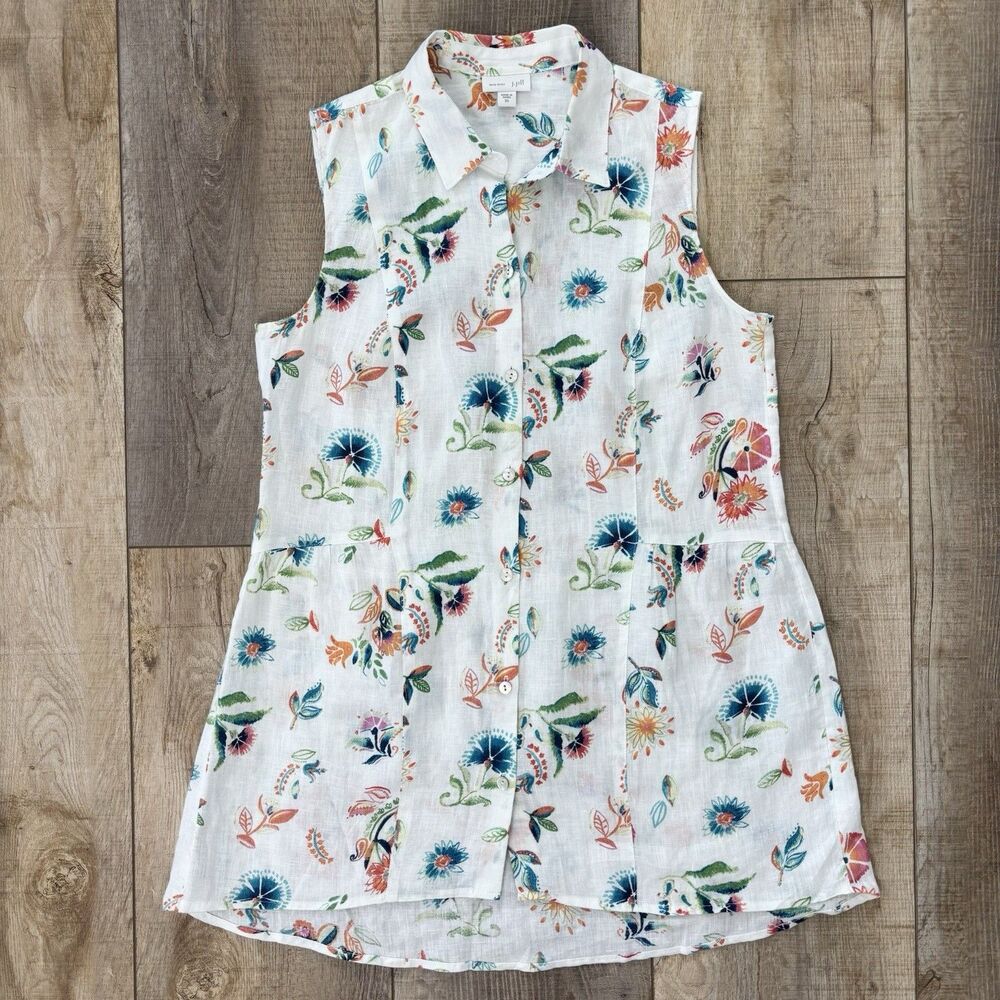 J Jill Love Linen Womens Sleeveless Floral Top Sz XS Floral Button Up 100% Linen